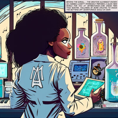 Colorful comic book style, Jammes Luckett in a lab coat working on projects